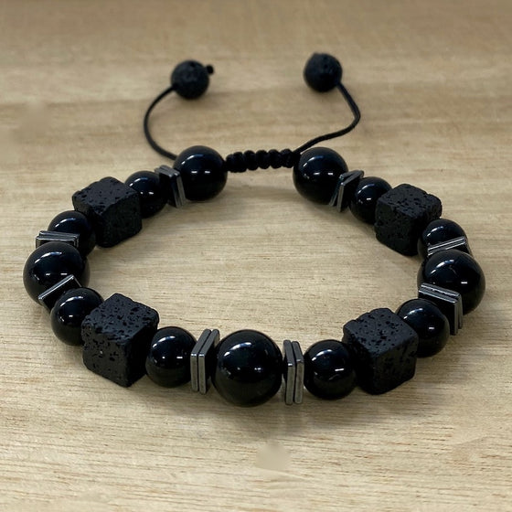 Black Onyx, Lava Rock & Hematite Bracelet - Adjustable