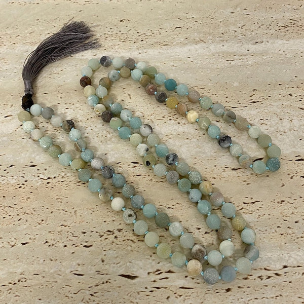 Amazonite 8mm Mala Hand Knotted Necklace with Buddha Charm and Decorative Tassle