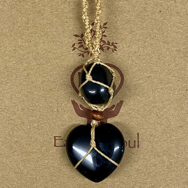 Black Obsidian Crystal Heart Necklace - natural cord