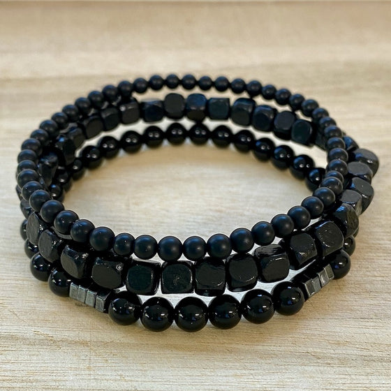 Black Onyx & Black Agate Bracelet Set with Hematite Spacers