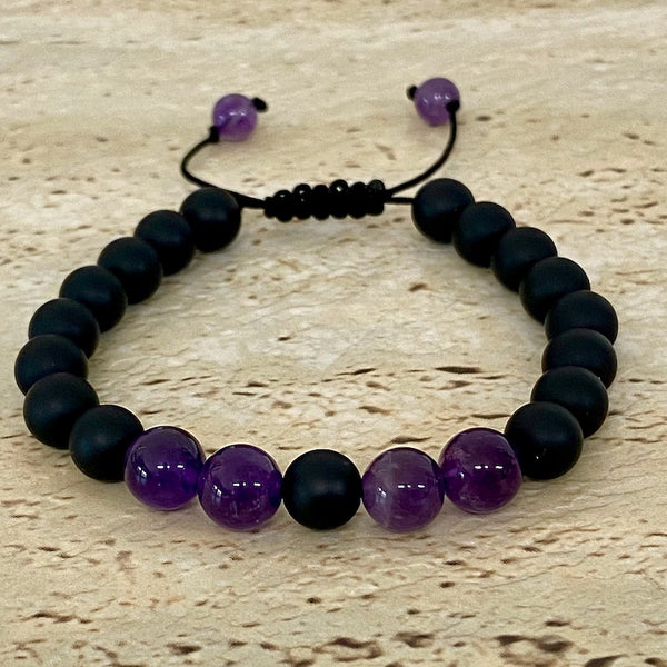 Black Onyx Amethyst Bracelet - Adjustable