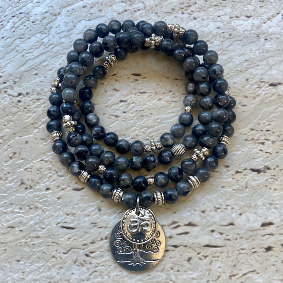 Black Moonstone 6mm Stone Bracelet with Tree of Life and Om Charms