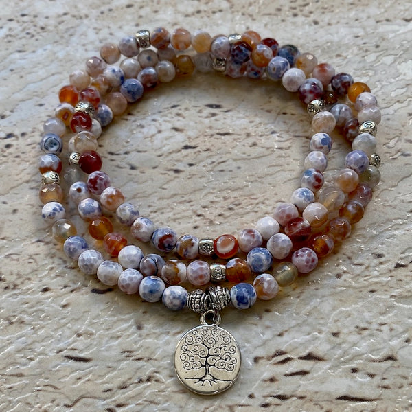 Faceted Fire Agate 6mm Stone Bracelet with Tree of Life Charm