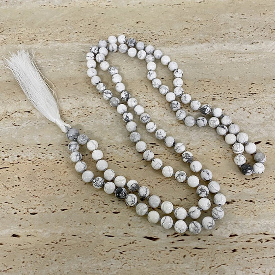 Howlite 8mm Stone Mala Necklace with Decorative Tassle