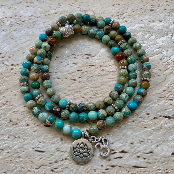 Imperial Turquoise 6mm Stone Bracelet - Buddha, Lotus and Om Sign Charms