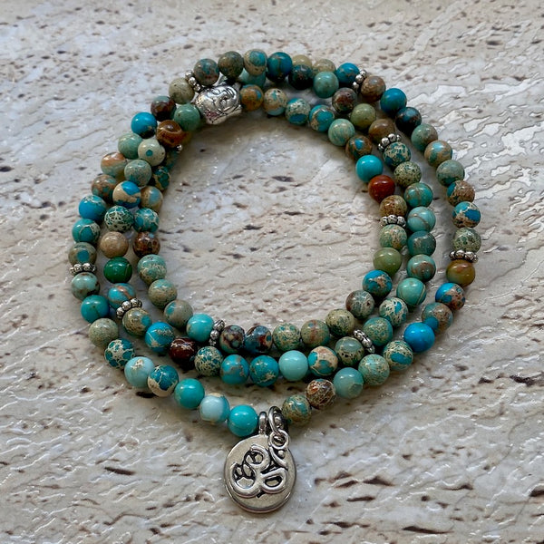 Imperial Turquoise 6mm Stone Bracelet with Buddha, Lotus and Om Sign Charms