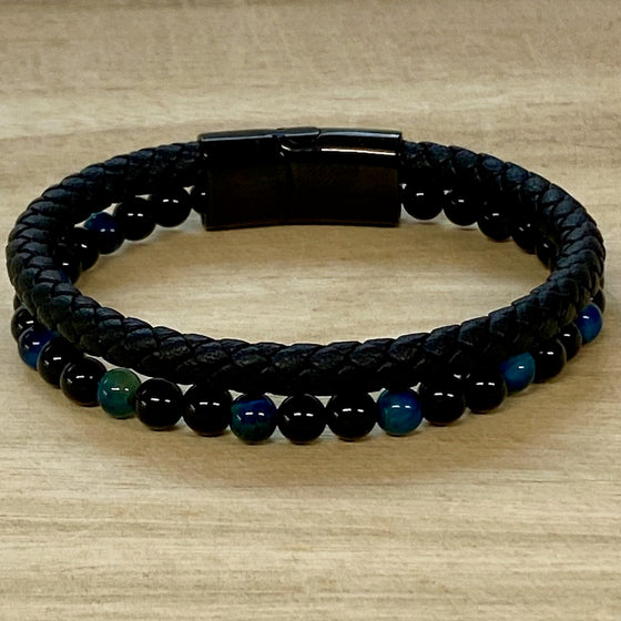 Leather & Stone Bracelet - Blue Tiger's Eye & Black Onyx