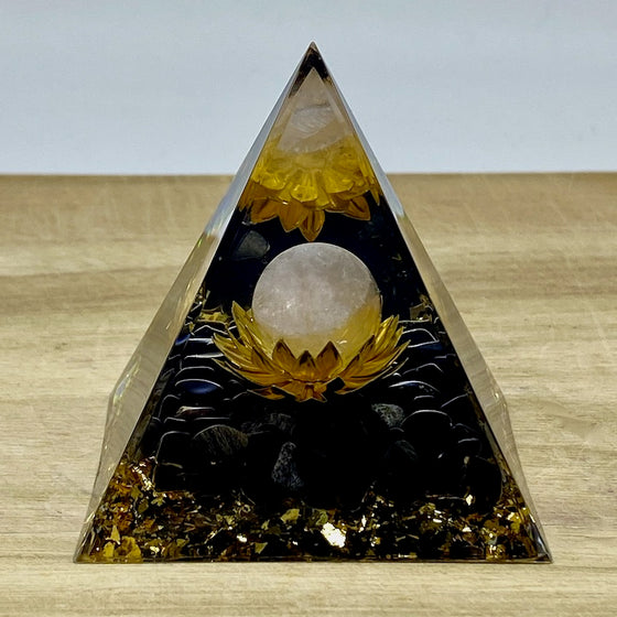 Orgone Pyramid - Obsidian and Rose Quartz Sphere on Lotus Flower