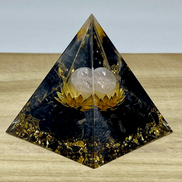 Obsidian and Rose Quartz Sphere on Lotus Flower - Orgone Pyramid