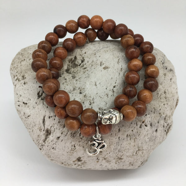 Mala 8mm Wooden Bead Bracelet with Buddha and Om Sign Charm