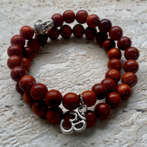 Mala Wooden 8mm Bead Bracelet with Buddha and Om Sign Charms