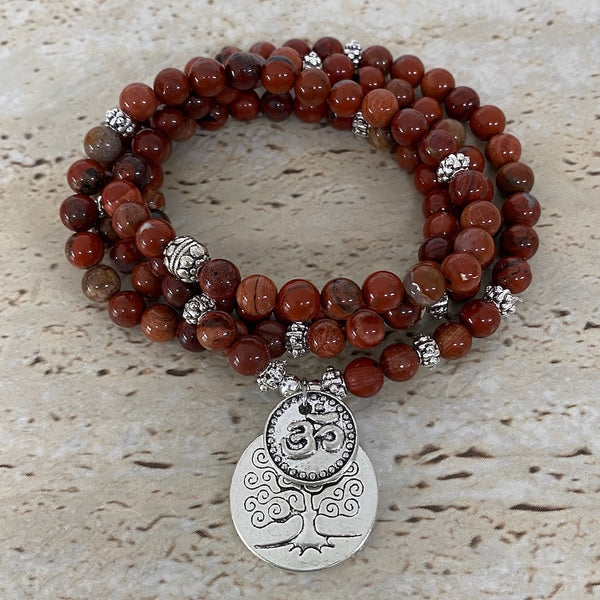 Poppy Jasper 6mm Stone Bracelet with Tree of Life and Om Charms