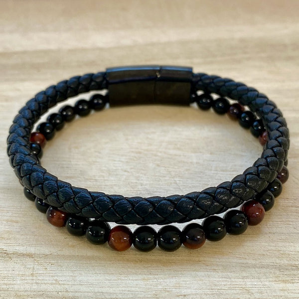 Leather & Stone Bracelet - Red Tiger's Eye & Black Onyx