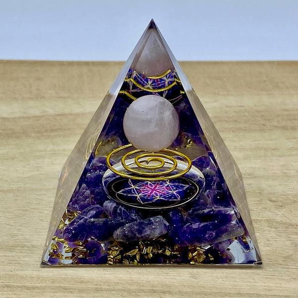 Orgone Pyramid - Amethyst and Rose Quartz Sphere