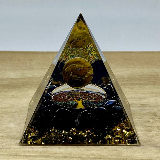 Orgone Pyramid - Obsidian and Tiger Eye Sphere
