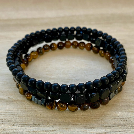 Tiger Eye, Black Onyx & Black Agate Bracelet Set with Hematite Spacers