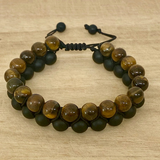 Tiger Eye and Black Agate Bracelet - Adjustable