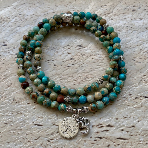Turquoise Imperial 6mm Stone Bracelet - Tree of Life, Om and Buddha Charm
