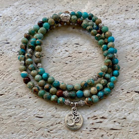 Turquoise Imperial 6mm Stone Bracelet with Tree of Life, Om and Buddha Charm