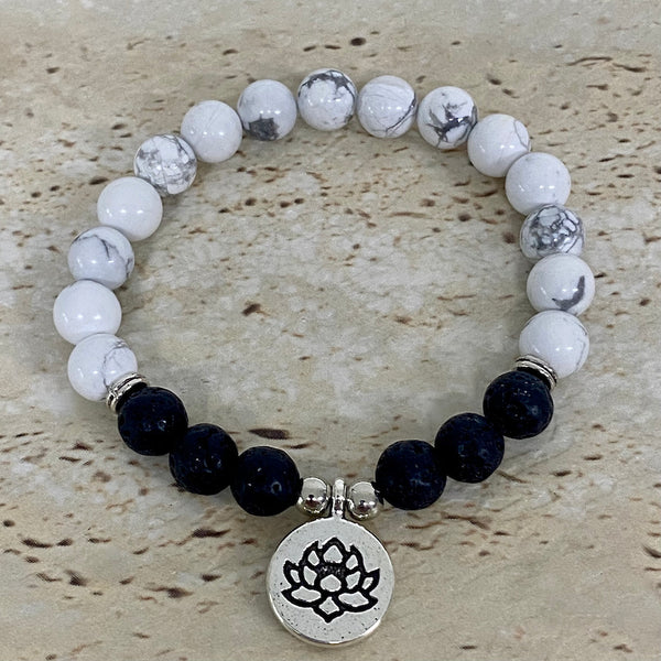 howlite lava rock bracelet with lotus charm