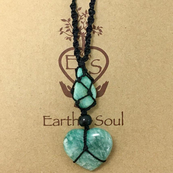 Amazonite Crystal Heart Necklace - Black cord