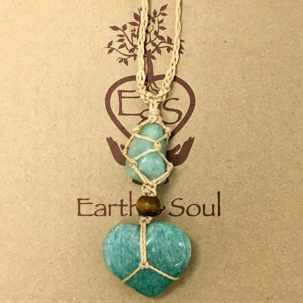Amazonite Crystal Heart Necklace - Natural cord