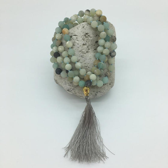 Amazonite 8mm Mala Hand Knotted Necklace with Buddha Charm and Decorative Tassle