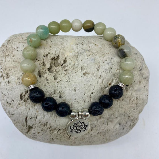 Amazonite and Lava Rock 8mm Stone Healing Bracelet with Lotus Charm