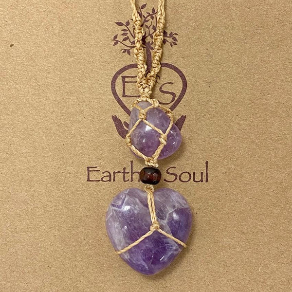Amethyst Crystal Heart Necklace - Natural cord