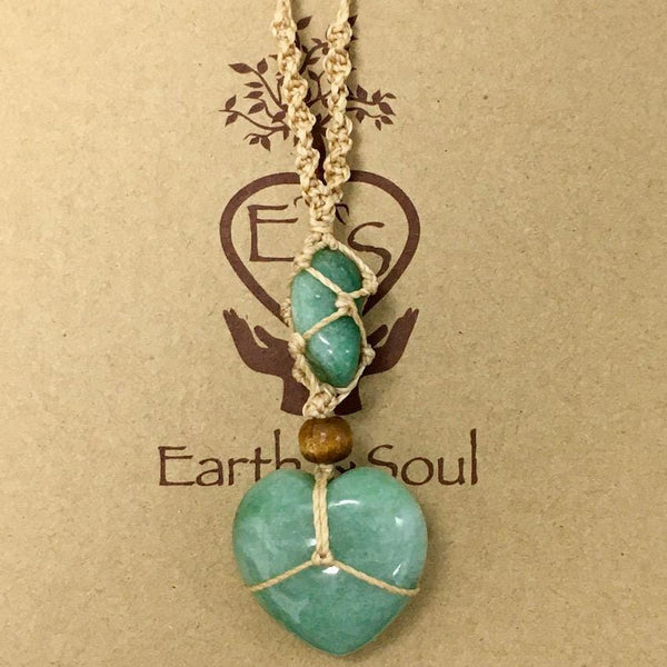 Aventurine Crystal Heart Necklace - Natural cord