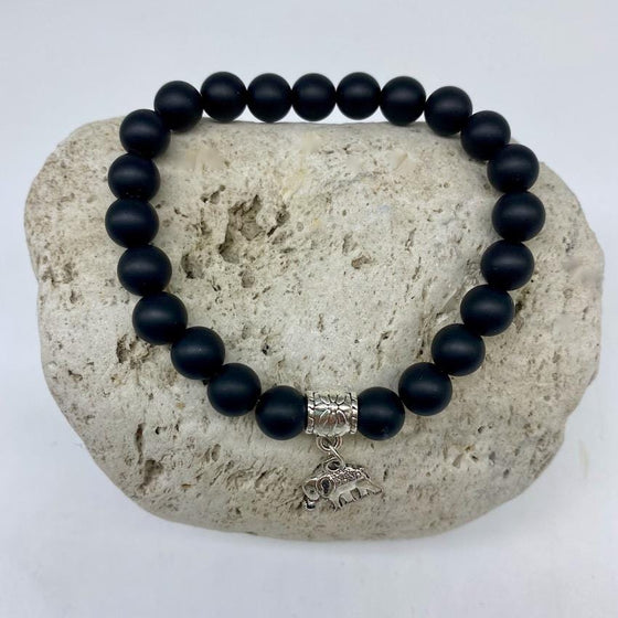 Black Agate 8mm Stone Bracelet with Elephant Charm