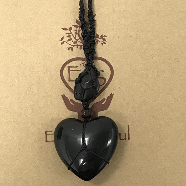 Black Obsidian Crystal Heart Necklace - black cord