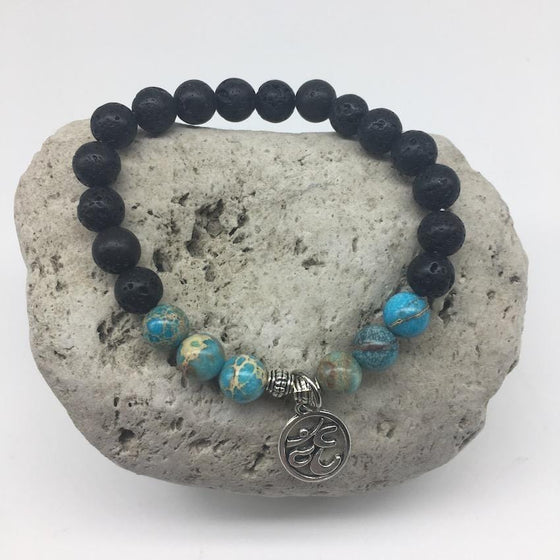 Blue Imperial Turquoise and Lava Rock 8mm Bead Healing Bracelet with Om Sign Charm