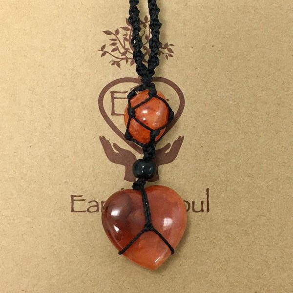 Carnelian Crystal Heart Necklace - Black cord