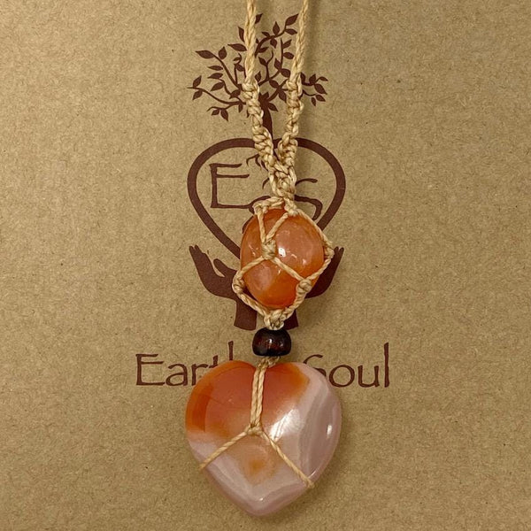 Crystal Heart Necklace Carnelian -  Natural cord