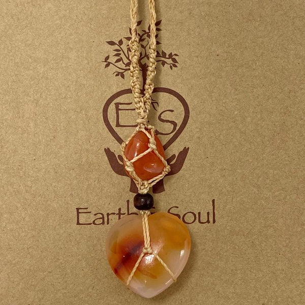 Carnelian Crystal - Heart Necklace -  Natural cord