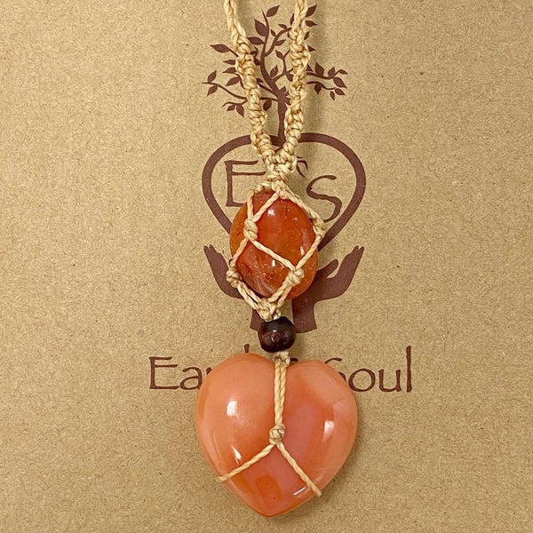 Carnelian Crystal Heart Necklace -  Natural cord
