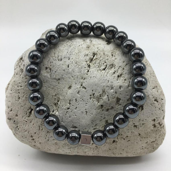 Hematite 8mm Stone Bracelet with Square Burnished Silver Spacer