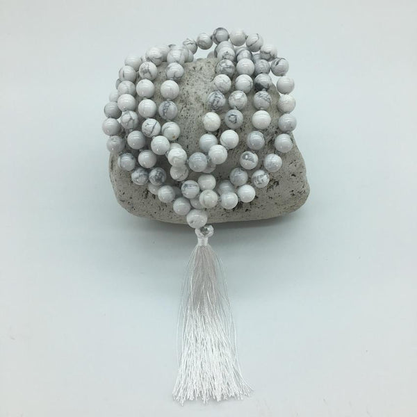 Howlite 8mm Stone Mala Necklace with Decorative Tassle