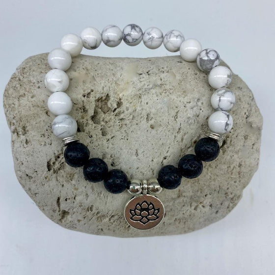 Howlite and Lava Rock 8mm Stone Healing Bracelet with Lotus Charm