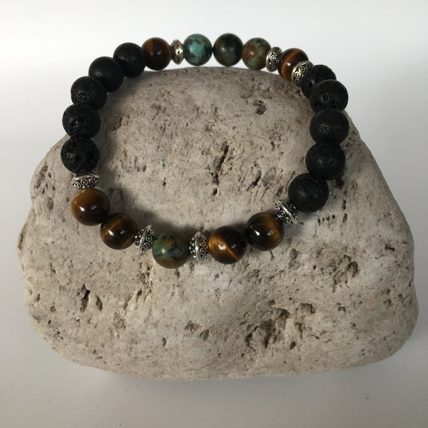 Lava Rock, Tiger Eye and African Turquoise Stone Bracelet 8mm