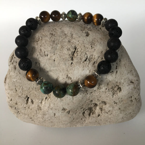Lava Rock, Tiger Eye and African Turquoise Stone Bracelet 8mm