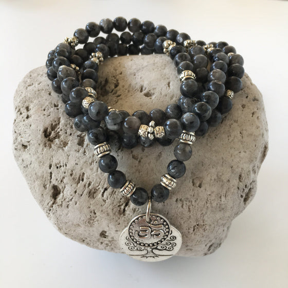 Black Moonstone 6mm Bead Bracelet with Tree of Life and Om Charms
