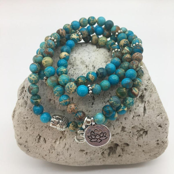 Imperial Turquoise 6mm Stone Bracelet with Lotus and Om Sign Charms