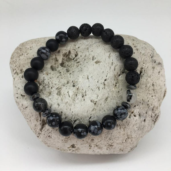 Black Agate, Lava Rock and Snowflake Obsidian 8mm Stone Bracelet with Rutilated Quartz Stones