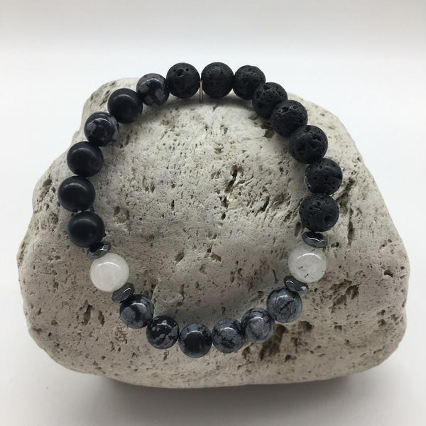Lava Rock, Black Agate and Snowflake Obsidian 8mm Stone Bracelet with Rutilated Quartz Stones