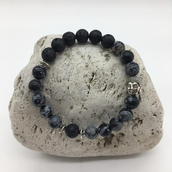 Lava Rock and Snowflake Obsidian 8mm Stone Healing Bracelet with Buddha Charm
