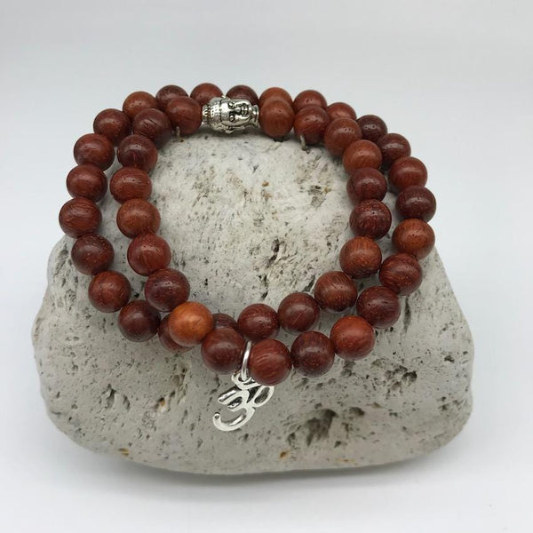 Mala Wooden 8mm Bead Bracelet with Buddha and Om Sign Charm