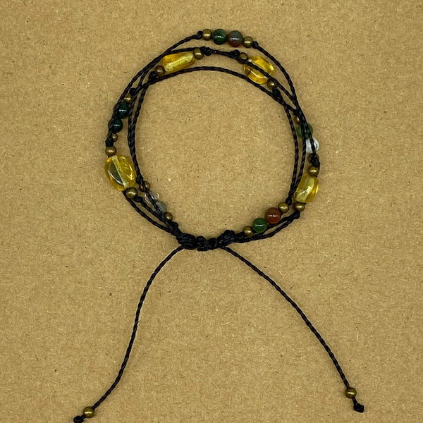 Natural Agate and Amber Macrame Bracelet - Adjustable - Black Cord