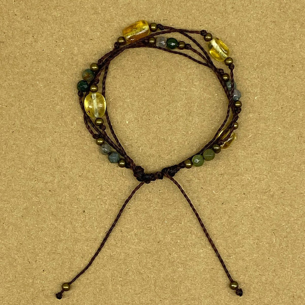 Natural Agate and Amber Macrame Bracelet - Adjustable - Brown Cord